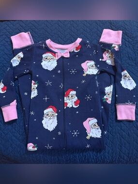 The Beaufort Bonnet Company Girl 2T Navy & Pink Santa Pima Cotton Zip Pajamas